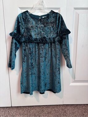 Velvet Ruffle Long Sleeve Dress in Teal